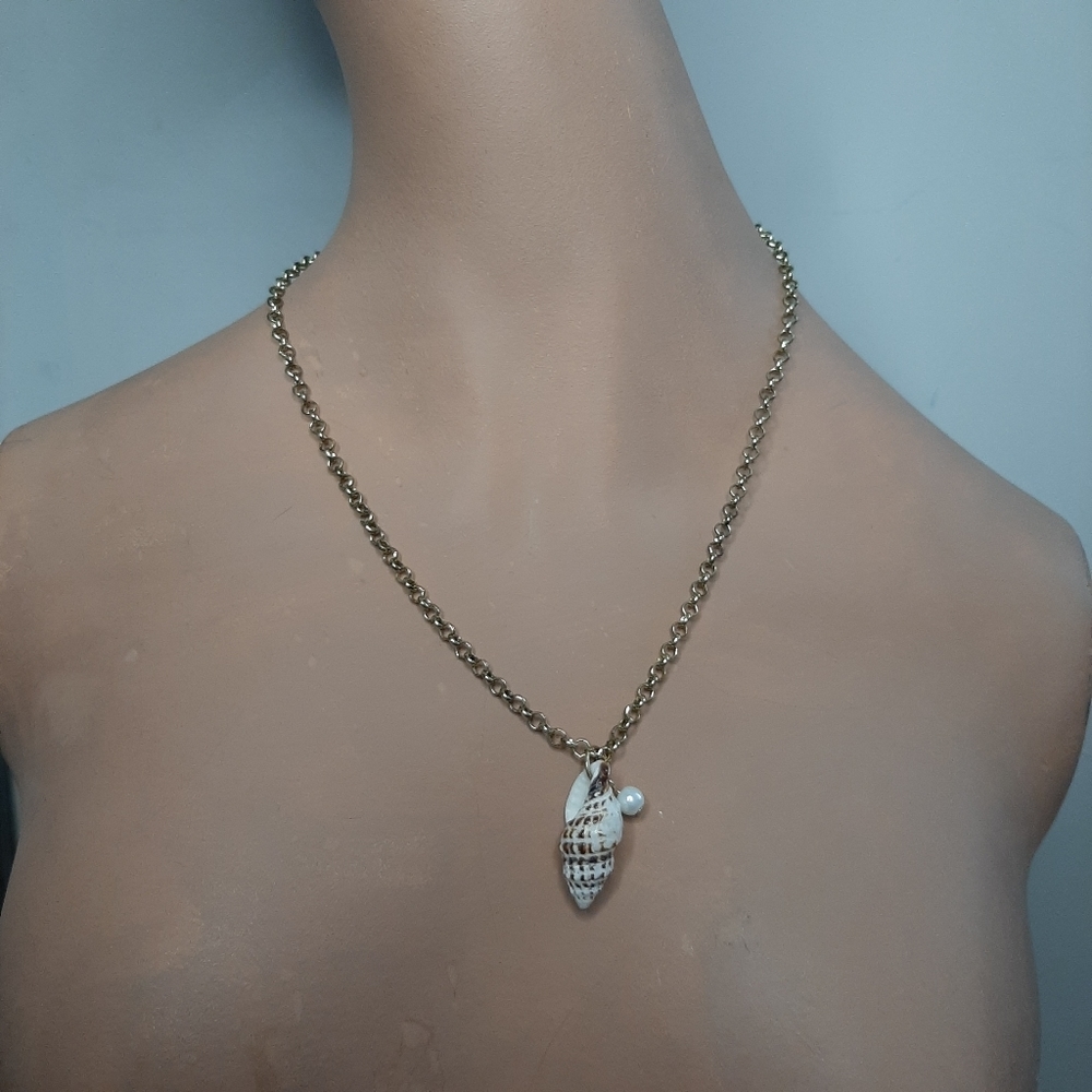 Gold with White Seashell and Pearl Necklace.